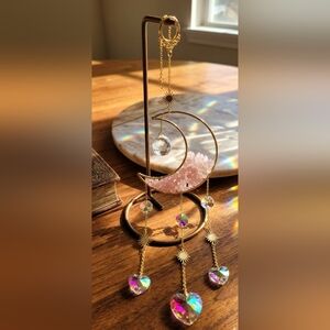 Gold Crescent Moon Suncatcher with Pink Rose Quartz Chips and Iridescent Hearts